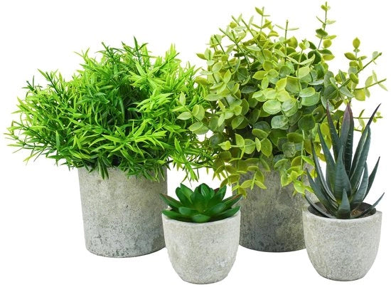 Set di 4 piante artificiali per interni in vasi, piante in plastica in vasi, eucalipto, rosmarino, piante grasse in vasi, piante artificiali per ufficio, studio, camera da letto, cucina