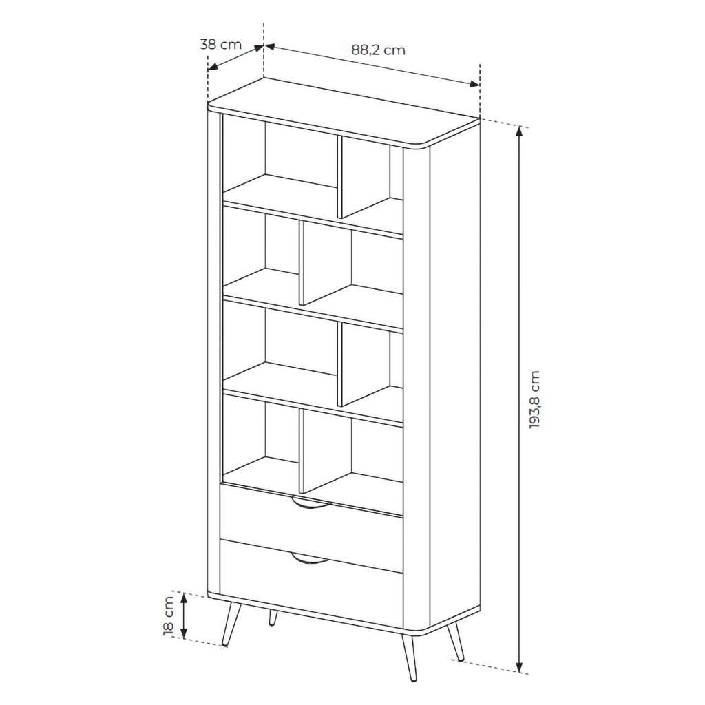 Biblioteca Kada, Libreria 2 Cassetti, 88x38x194h cm Marrone Noce