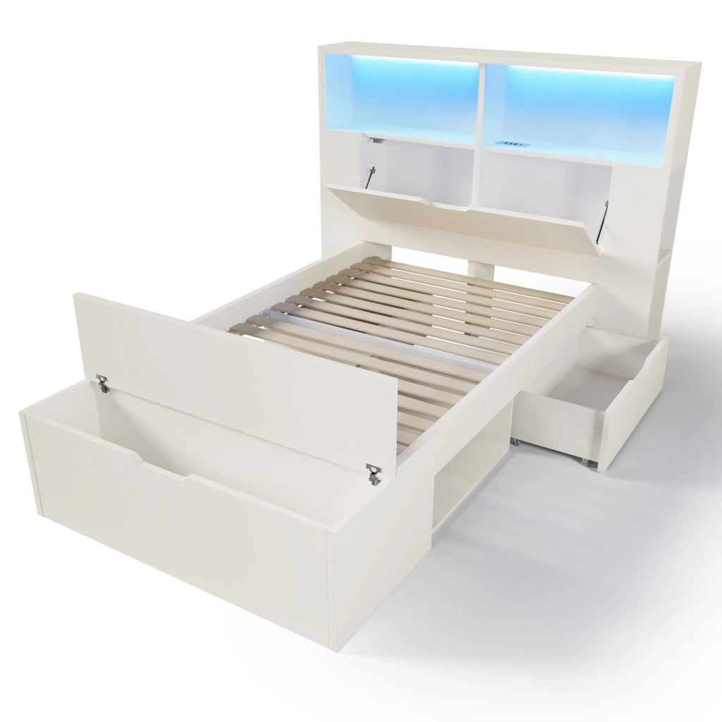 OKWISH Letto Singolo 90×200 cm con LED Regolabile, USB e Tipo C, 2 Cassetti, Mensole e Panca Contenitore, senza Materasso, Bianco