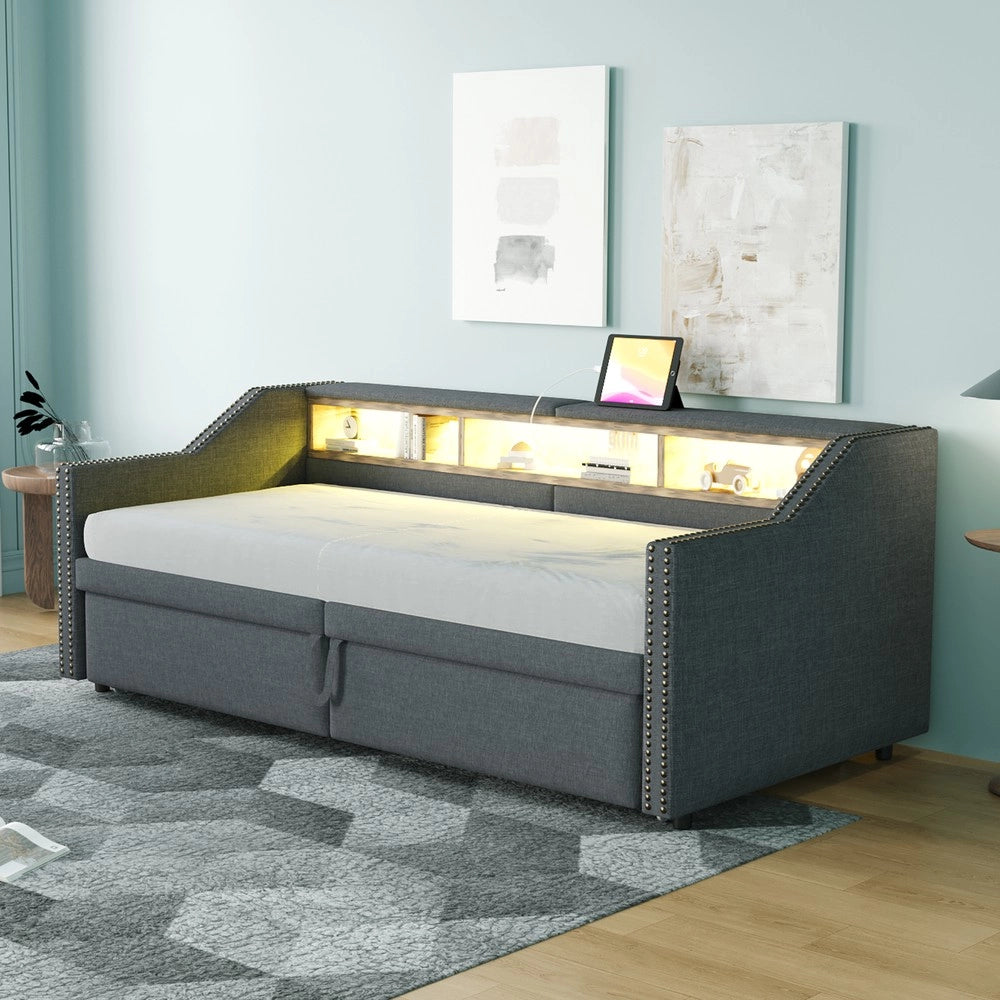 Letto Contenitore Imbottito Estraibile ¨C MINIMAL ¨C 90/180x200 cm, LED, USB, Rete a Doghe, Grigio Scuro
