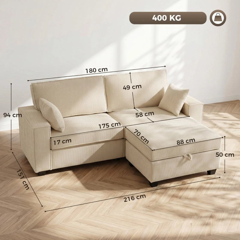 DIVANO angolare 3 posti con pouf contenitore 175 cm Cord Beige