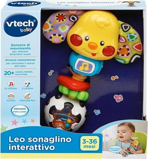 VTech Leo Sonaglino Interattivo, Sonaglio Neonato con Attivazione a Pulsante Luminoso, Gioco Neonato con 15 Melodie e 35