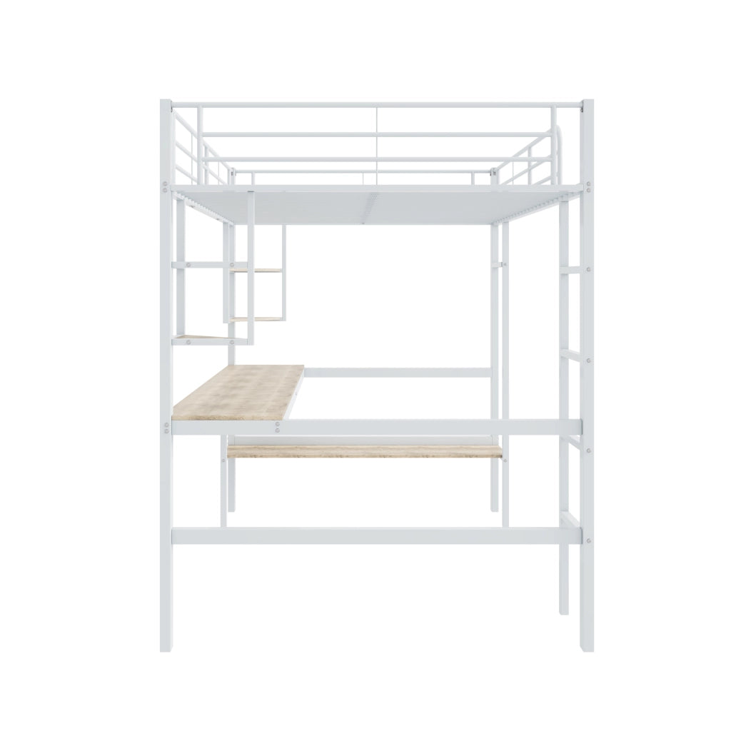 OKWISH Letto a Soppalco 140×200 cm, Letto Matrimoniale con Scrivania, 4 Mensole e Libreria, senza Materasso, in Metallo e MDF, Bianco