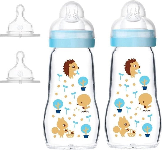 Set di flaconi in vetro per bambini da 2 x 260 ml - Incluso 4 beccucci per latte materno.