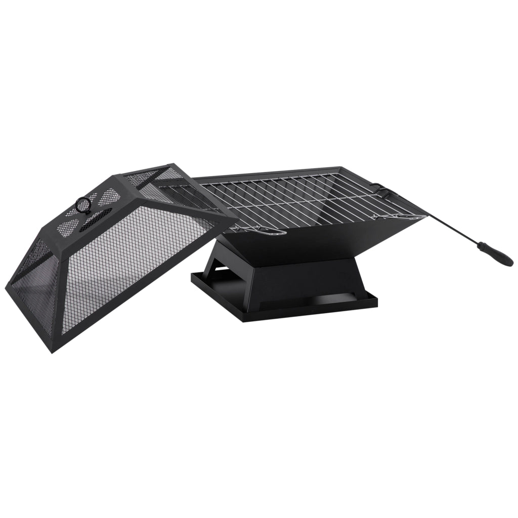 Braciere da giardino in acciaio nero 45x45x34 cm con paraspark e attizzatoio