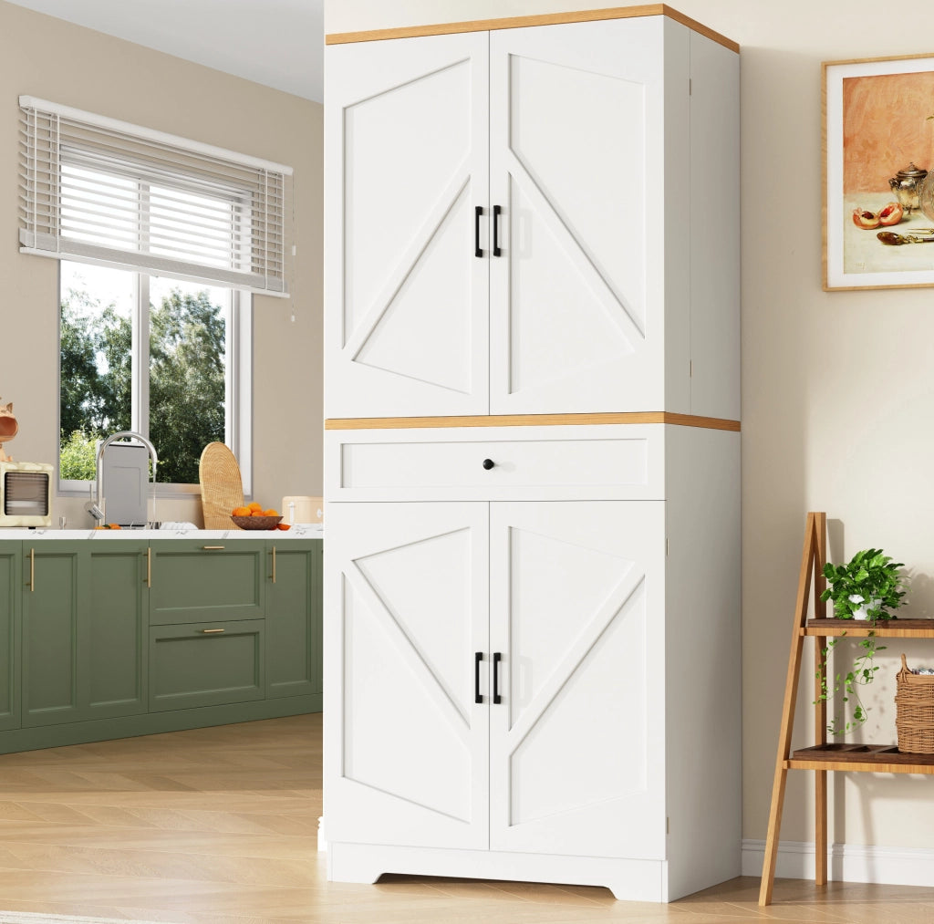 Credenza alta 80x40x180 cm con ripiani aperti e cassetti in MDF bianco