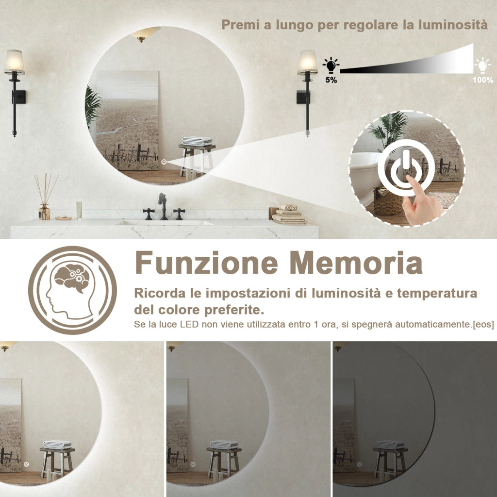 Specchio bagno tondo 70 cm con led. Dimmerabile + Touch Control + Bordo non sabbiato + IP44