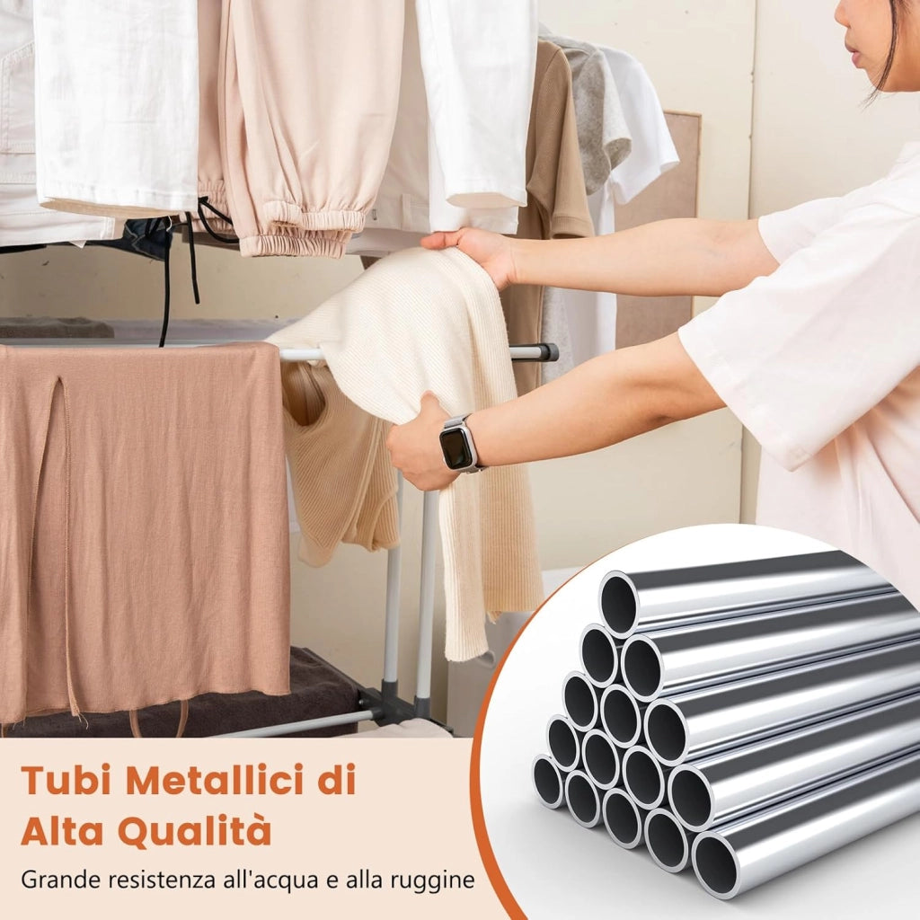 Stendibiancheria a Torre, Stendibiancheria Verticale Salvaspazio con Supporti per Grucce Girevoli e Piani Pieghevoli, Stendino Pieghevole con Ruote, 127x63x171cm (Grigio)