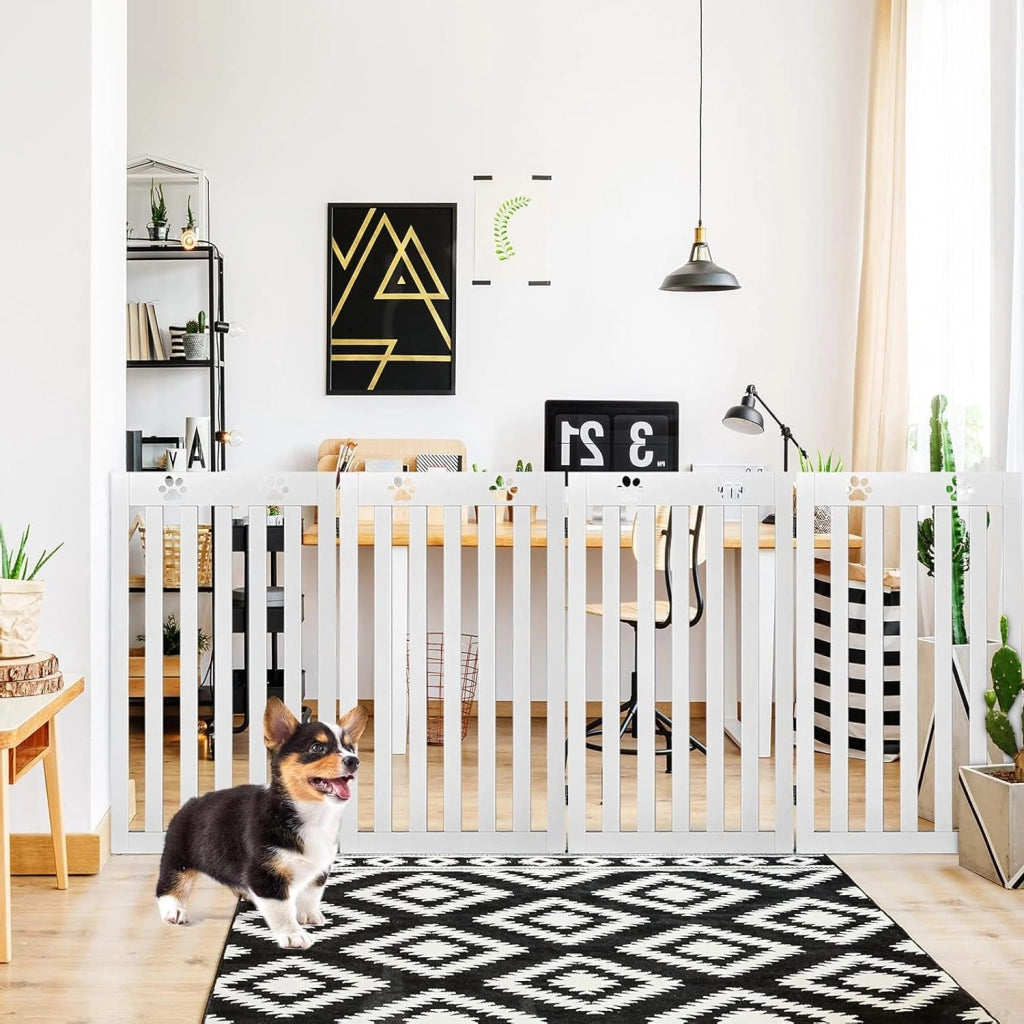 Cancelletto per Cani Pieghevoli 204 x 90 cm, Barriera per Cani in Legno a 4 Pannelli con Piedini Stabili, Recinzione per Scale, Ingressi e Corridoi (Bianco)