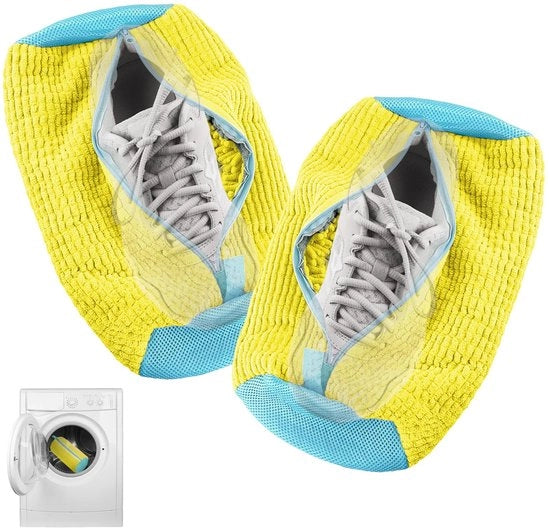 2 sacchi di lavaggio per scarpe per lavatrice e asciugatrice, 39 * 19 cm con pelo di pulizia 360° e cerniera (giallo)
