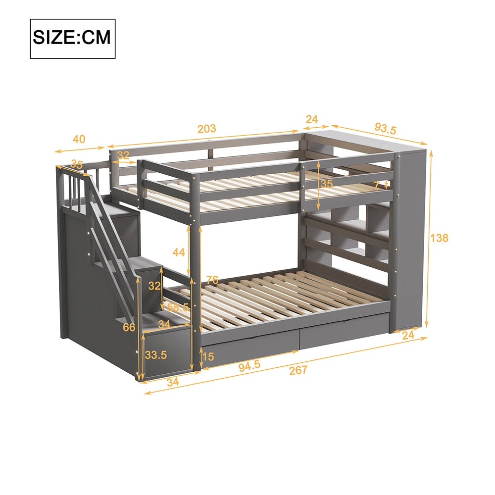 Letto a castello 90x200 cm - Xylo - Grigio con scala di sicurezza e cassetti