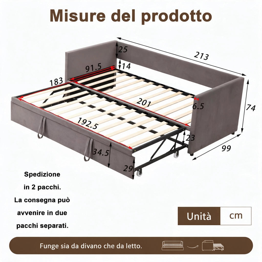 Divano letto matrimoniale 90/180x200cm;3 in 1 Letto divano estraibile;Velluto;Grigio