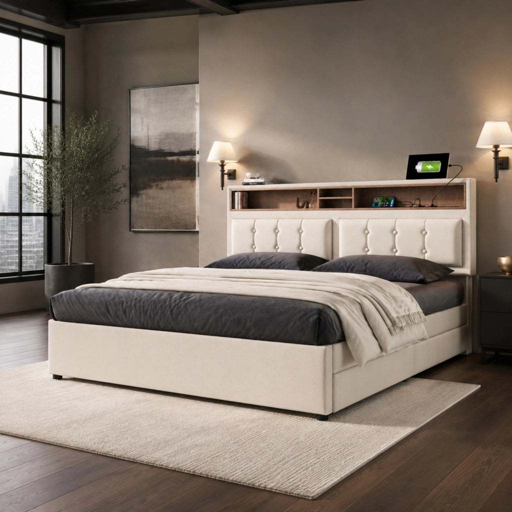 LETTO imbottito 140x200 cm con 4 cassetti, testiera regolabile, lino beige