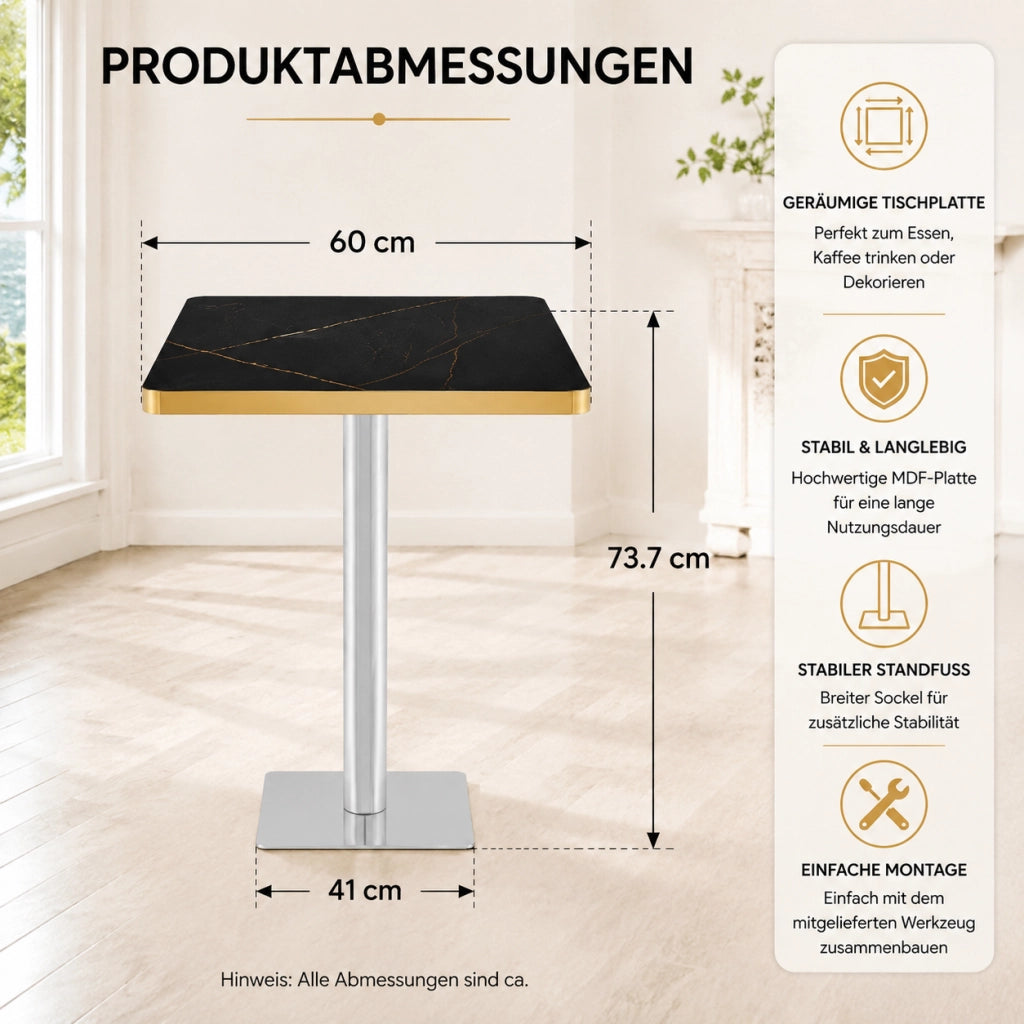 Tavolo da pranzo quadrato per 2-4 persone con effetto marmo e bordo dorato, base in metallo, per cucina e bistrot, 60 × 60 × 74 cm