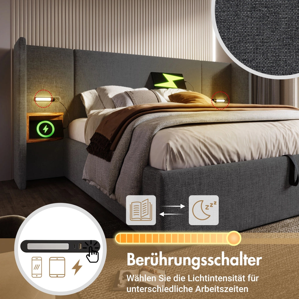 LETTO Contenitore 180x200 cm Grigio in Lino con USB e Lampada da Lettura