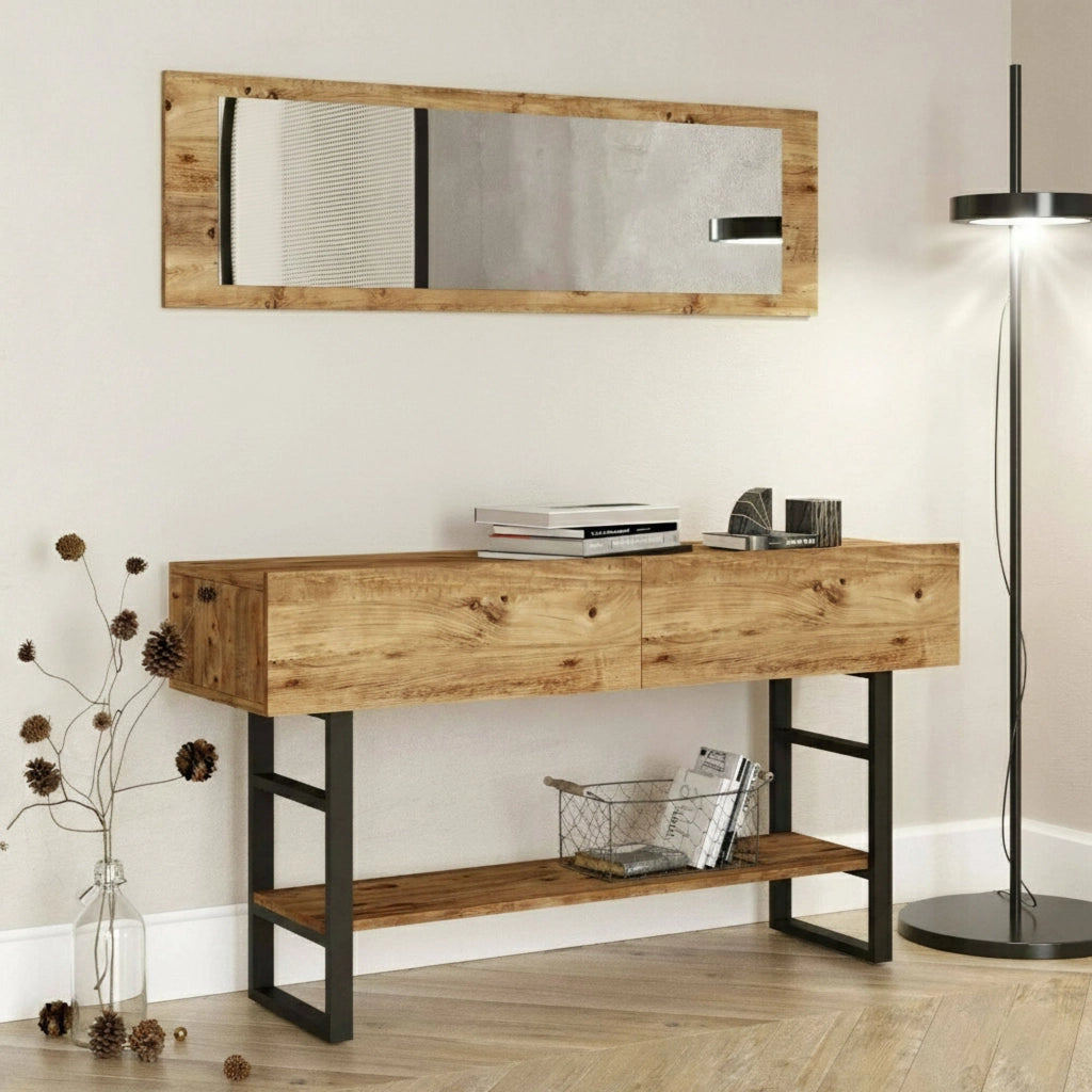 Consolle Izo, Tavolo multiuso, Mobiletto d'appoggio, Scrivania da corridoio, 139x43h76 cm, Quercia