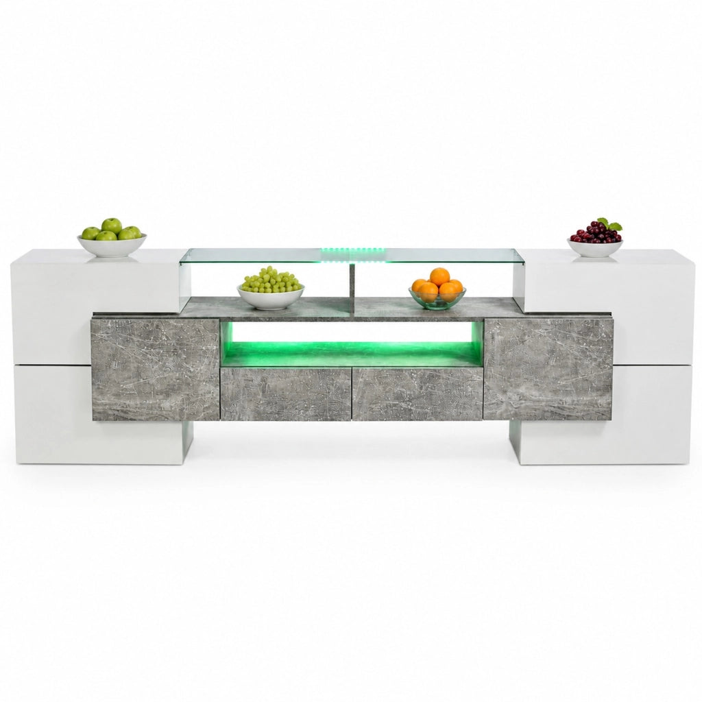 Mobile TV 200x35x60 cm bianco e grigio in MDF, 6 ante e LED