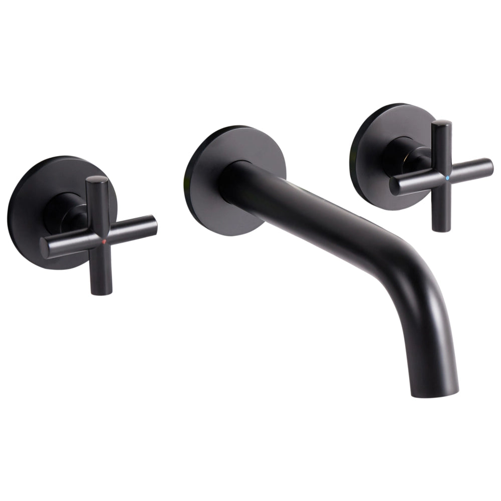 Rubinetto miscelatore per lavabo a parete in ottone color nero con 3 fori e doppia maniglia