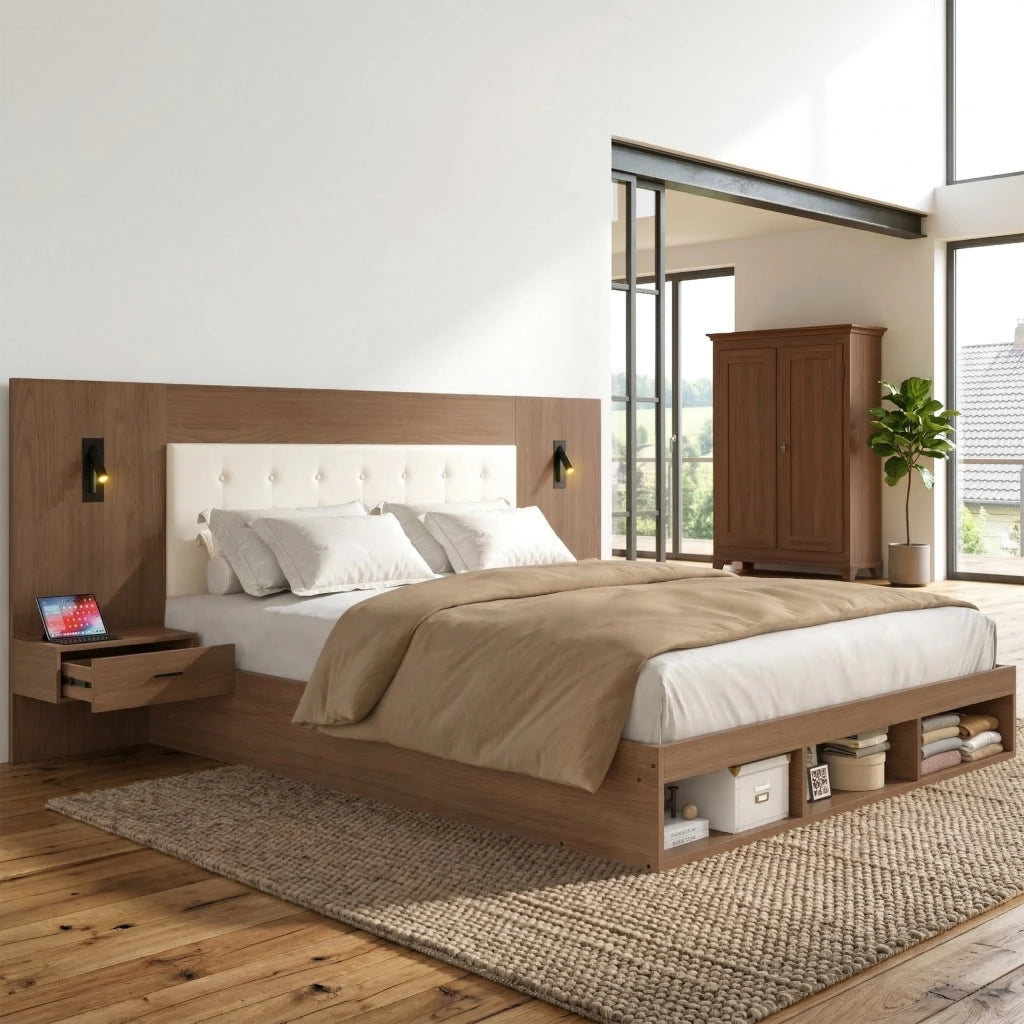 DESMIU Letto con contenitore 180 × 200 cm 2 posti con USB, Type-C e luce da lettura, senza materasso, in MDF, noce