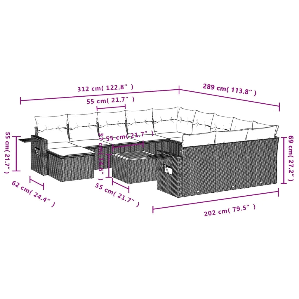 Set Divani da Giardino 13pz con Cuscini Nero in Polyrattan 3224865