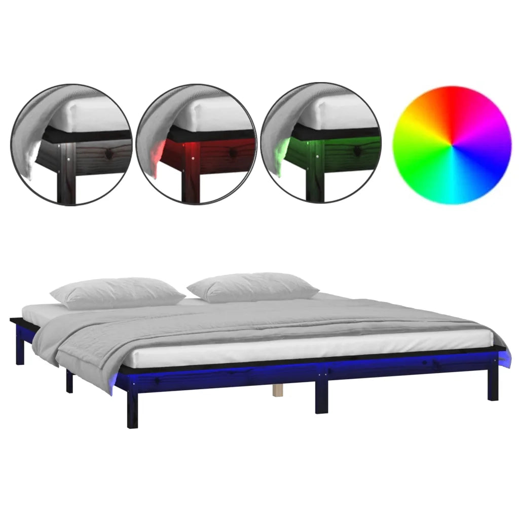 Giroletto con LED-Struttura Letto Nero 140x190 cm in Legno Massello