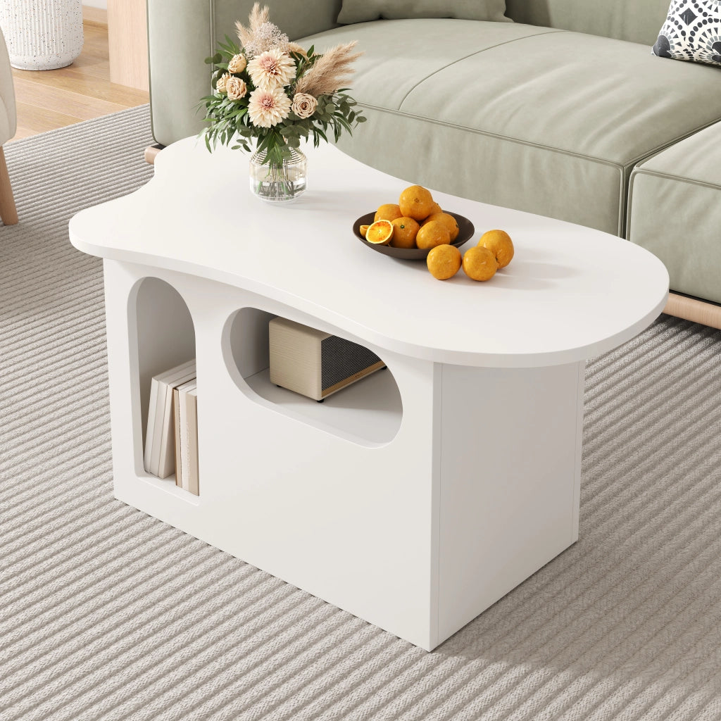OKWISH Tavolino da Salotto a Forma di Nuvola con 2 Cassetti e Vani Aperti, Bordi Curvi, per Soggiorno, 97×45×43,5 cm