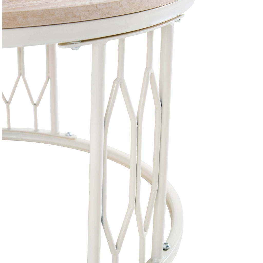 Tavolino basso rotondo in MDF effetto legno con struttura in metallo, per soggiorno, bianco, Ø 70 × 40,5 cm