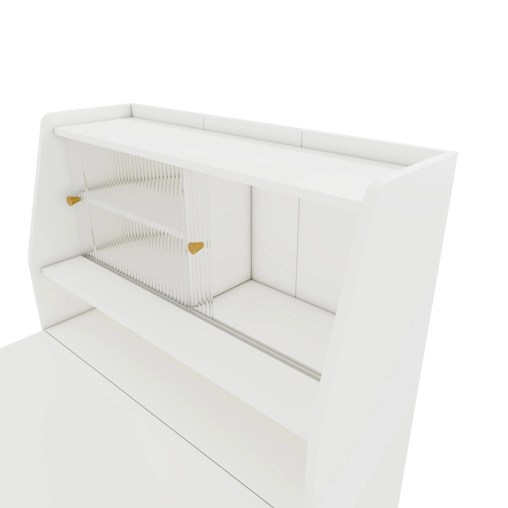 Tavolo allungabile salvaspazio con contenitore in truciolato e vetro bianco per sala da pranzo e salotto
