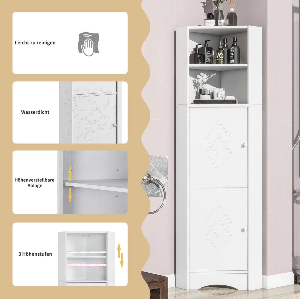 Mobile angolare da bagno bianco con ripiani, 36,5 x 36,5 x 155 cm