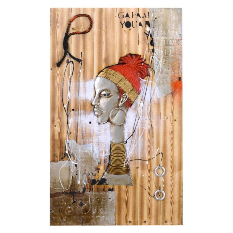 Quadro legno donna africana con corda cm 60x90x0,5