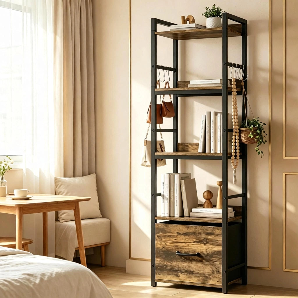 Libreria stretta a 4 ripiani con cassetto e 8 ganci, struttura in metallo e legno