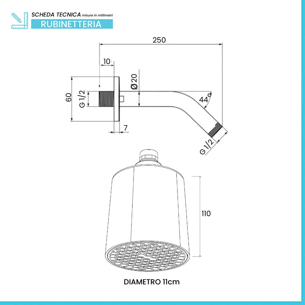 Set doccia cromo con braccio inclinato 25 cm e soffione tondo in abs
