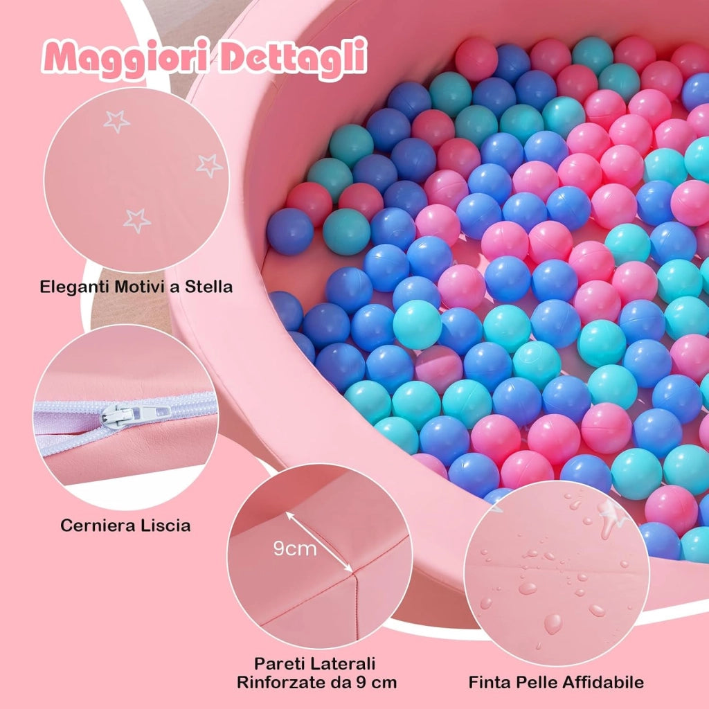 Piscina di Palline per Bambini, Vasca Rotonda con 200 Palline Colorate, Sacchetto in Rete e Copertura Rimovibile, Piscinetta in Morbida Schiuma per Soggiorno e Camera di Bambino (Rosa)