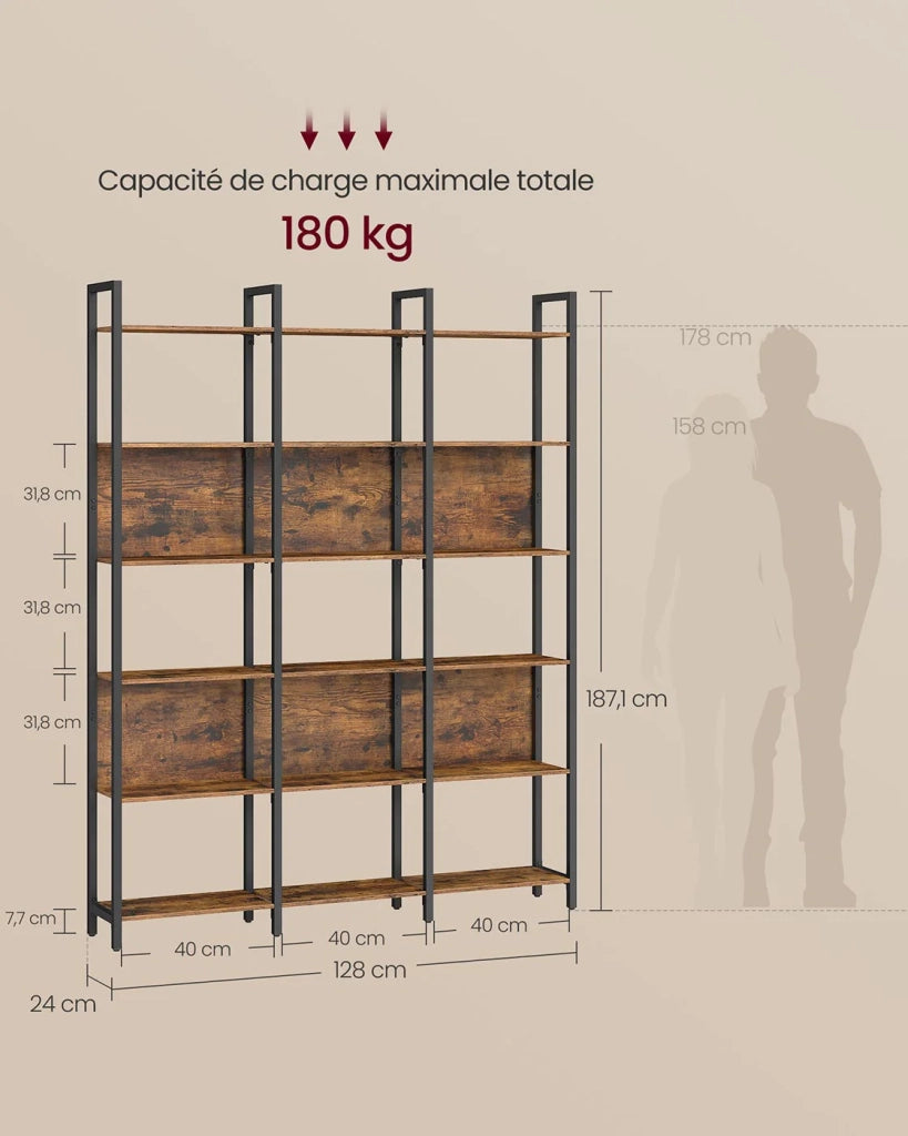 Libreria a 6 ripiani 24 x 31,8 x 175 cm struttura in acciaio per soggiorno corridoio ufficio stile industriale marrone 12_0004270