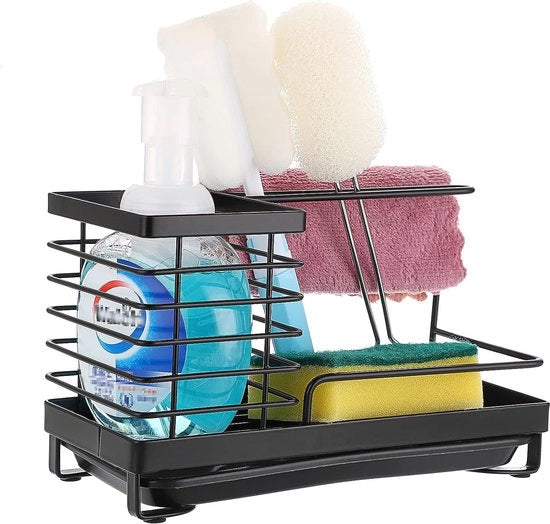 Organizzatore per vasca da bagno in acciaio inossidabile con 2 supporti per asciugamano, contenitore di raccolta, spazzola a spugna, contenitori per sapone, supporto per asciugamani, organizzatore per cucina, bagno, contenitore per spezie (nero)