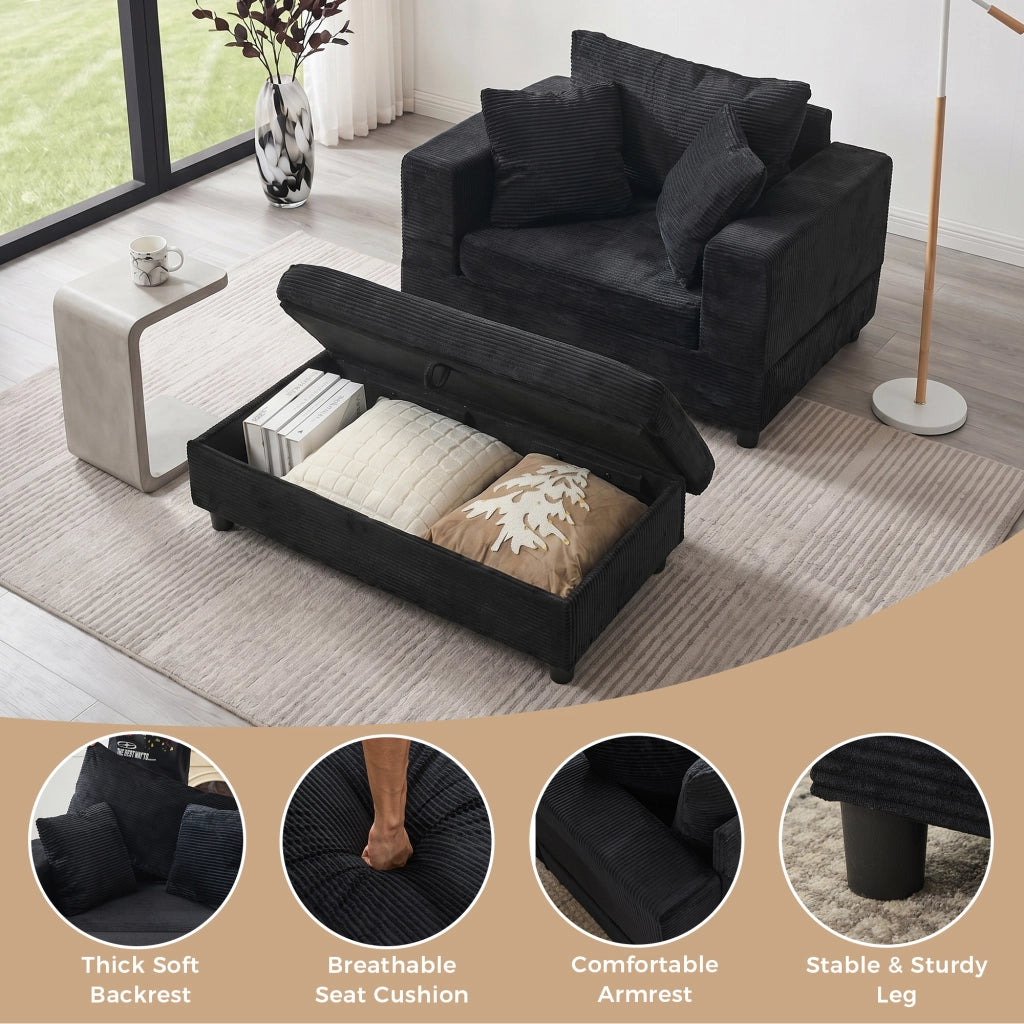 Divano chaise longue con vano contenitore e 3 cuscini in corda, gambe in plastica rinforzata, nero 107 × 74 × 57 cm