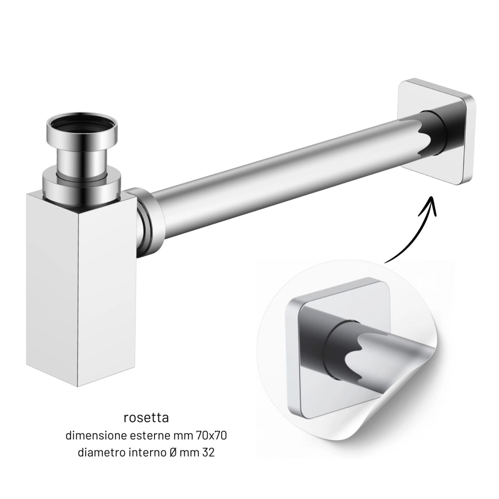 Sifone tubo di scarico in ottone cromato quadro per lavabo lavandino bagno da 1.1/4” *** confezione 1