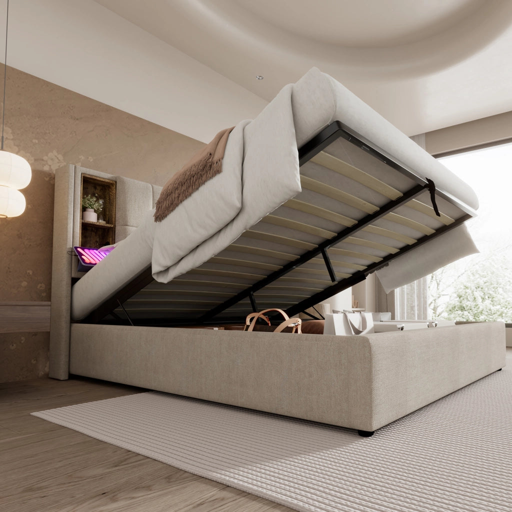 LETTO Contenitore 160x200 cm in lino naturale con ricarica wireless, USB e Type-C