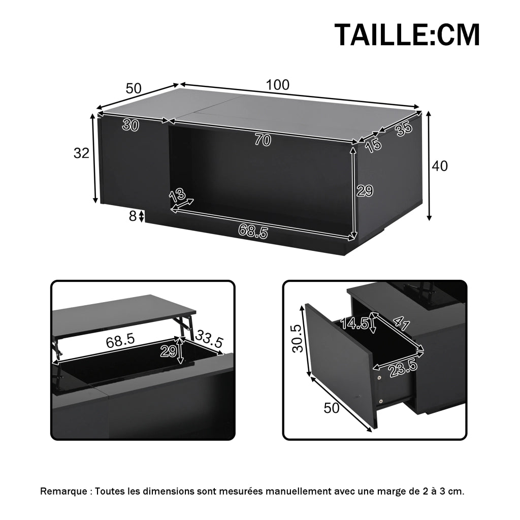 Tavolino da Salotto Reclinabile Idraulico con 1 Cassetto; Vano Nascosto e LED Bluetooth; Lucido; in Pannelli di Truciolare; 100×50×40 cm; Nero
