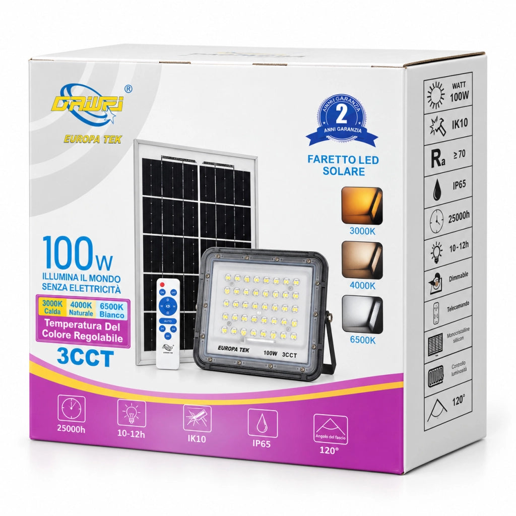 FARO LED SOLARE 100W 3CCT DA ESTERNO IP65 TELECOMANDO PANNELLO LUCE 120 ET-31773