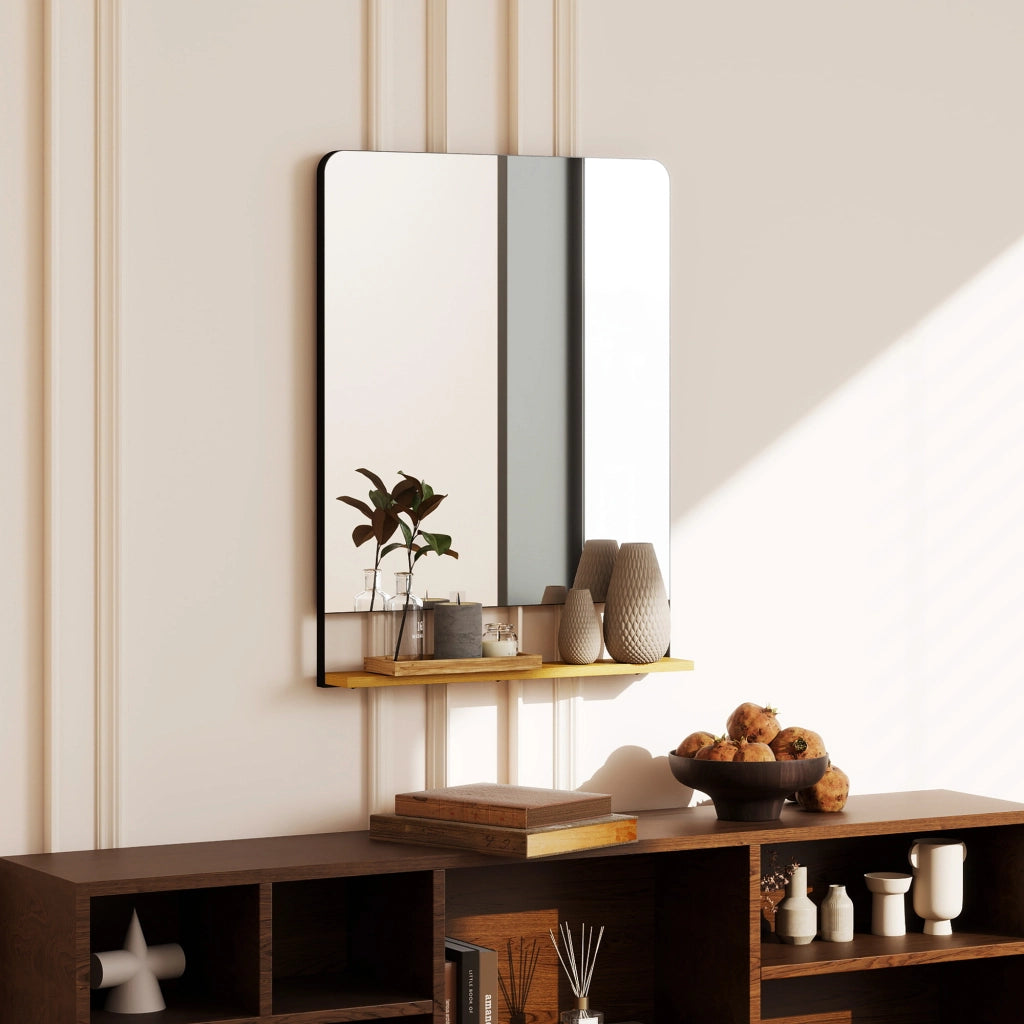 Specchio Muro con Mensola ¨C zephmum ¨C Nero Legno 80x60 cm