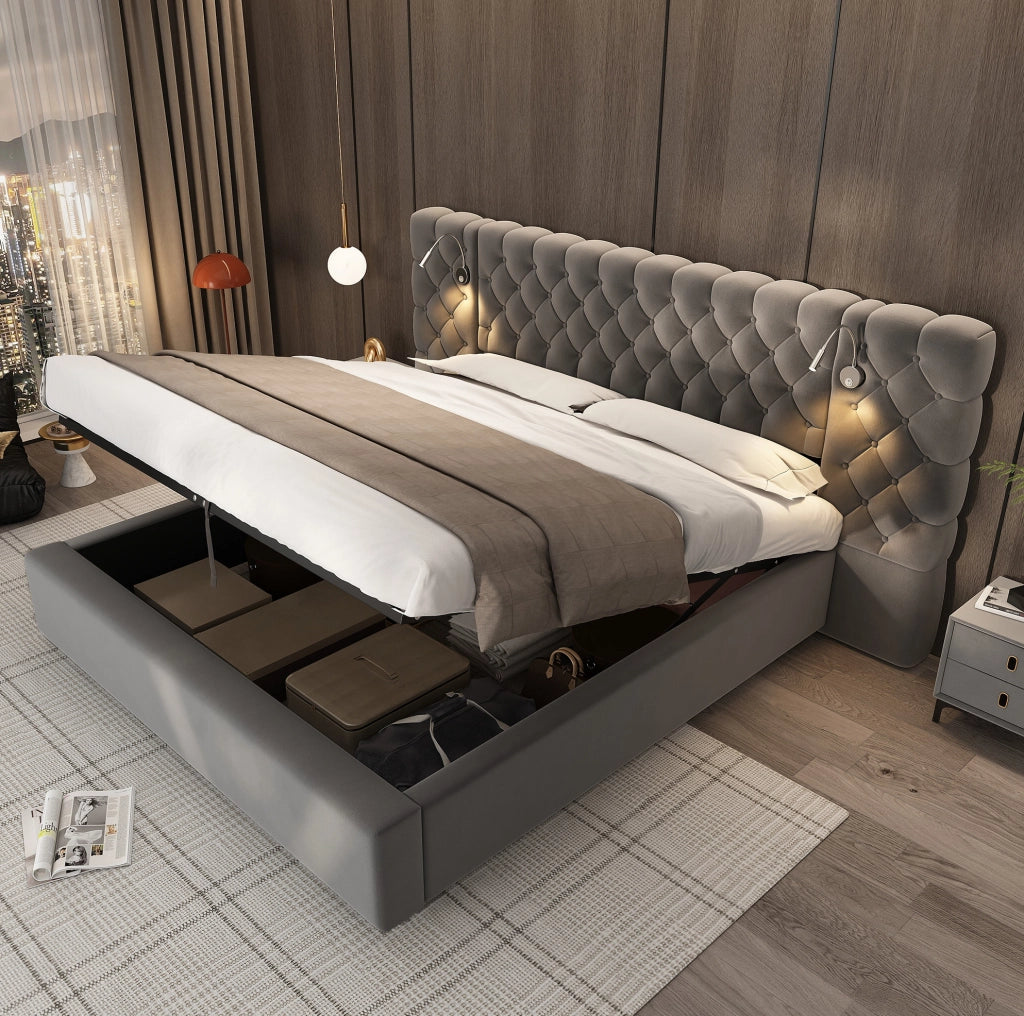 Letto imbottito 160x200 cm in velluto grigio con luce da lettura e contenitore