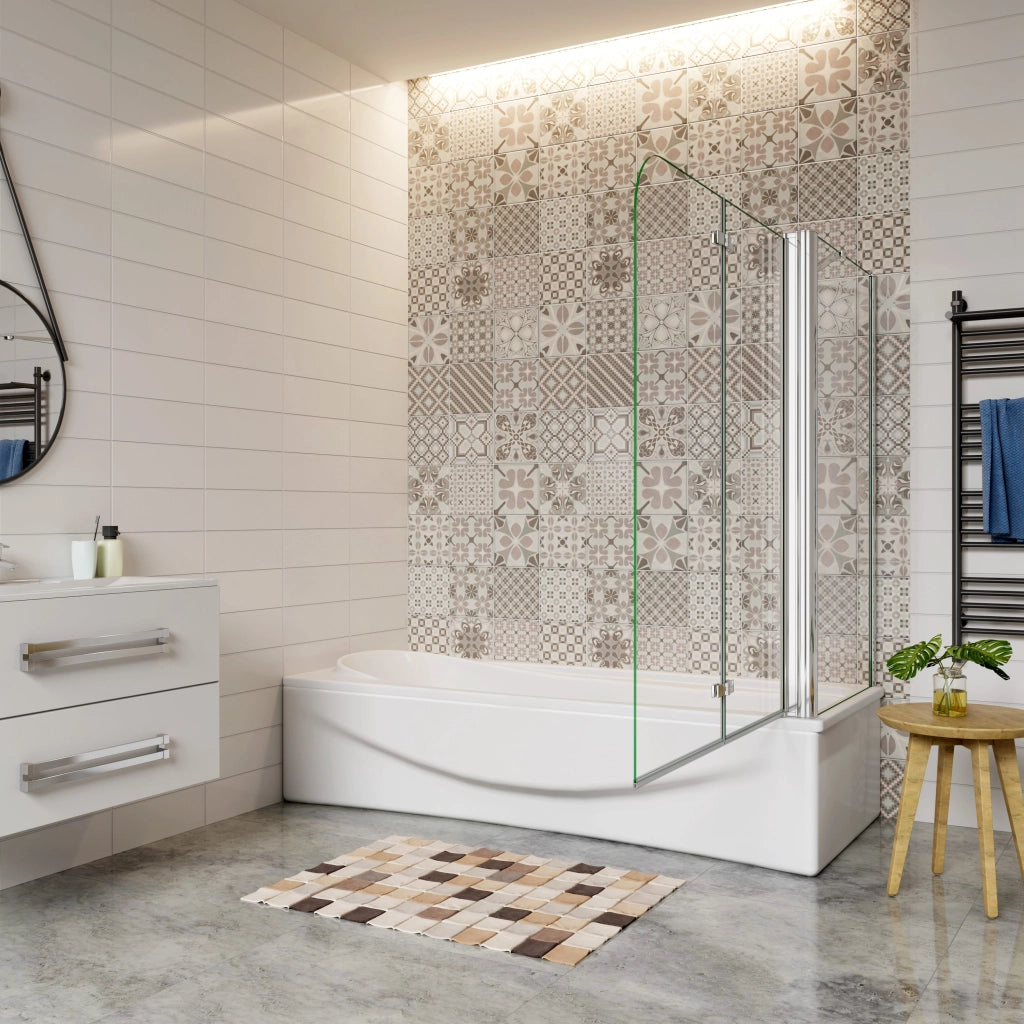 H.140 cm Sopravasca da Bagno Doccia con Parete Fissa 90x75 cm Due Ante Pieghevoli a Libro Vetro Temperato Trasparente 6 mm Anticalcare Cromo Lucido