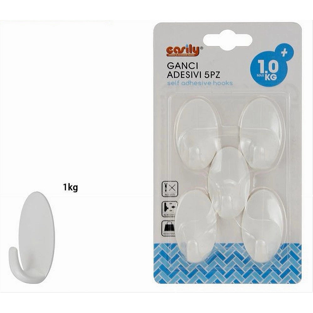 Trade Shop - Set 5 Pz Ganci Appendini Adesivi Ovali A Parete Cucina Bagno Attaccapanni 59678 -