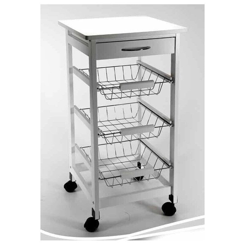 CARRELLO DA CUCINA 37X76 3 RIPIANI E CASSETTO CON RUOTE IN COLORE BIANCO