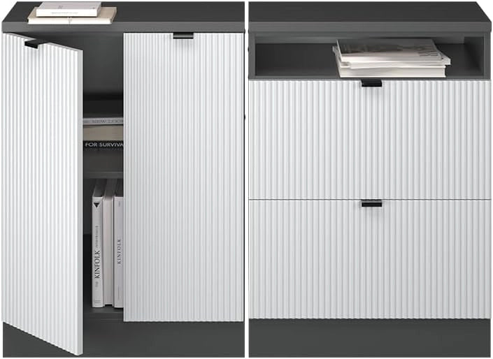 Set di mobili sottotetto Rion, Ondulazione bianca, 120 cm Set di 2 carcasse armadio profondità 60 cm, adatto per il salvaspazio sotto tetti spioventi