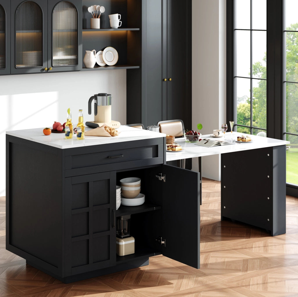 Tavolo Bar Estensibile con Ripiani e Cassetti, Cucina Isola da 133 a 202 cm, MDF Nero, Per 2-6 Persone