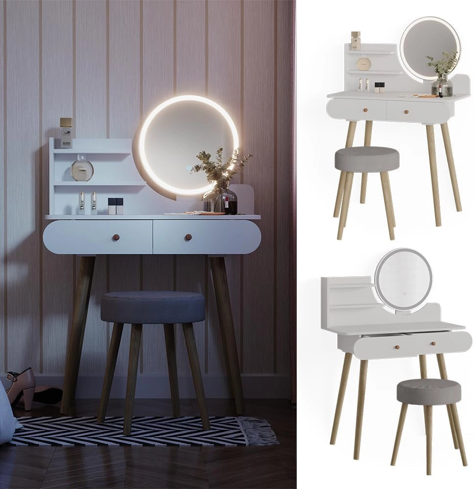 Vicco Tavolo da toeletta Edda, Bianco, 80 cm con illuminazione LED e sgabello, con specchio LED rotondo e sgabello coordinato