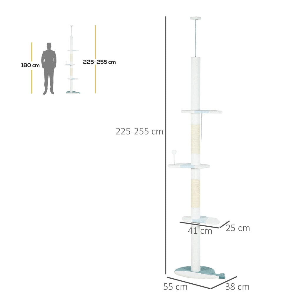 Albero Tiragraffi per Gatti a Soffitto con Palo Regolabile da 225-255 cm in Peluche Bianco