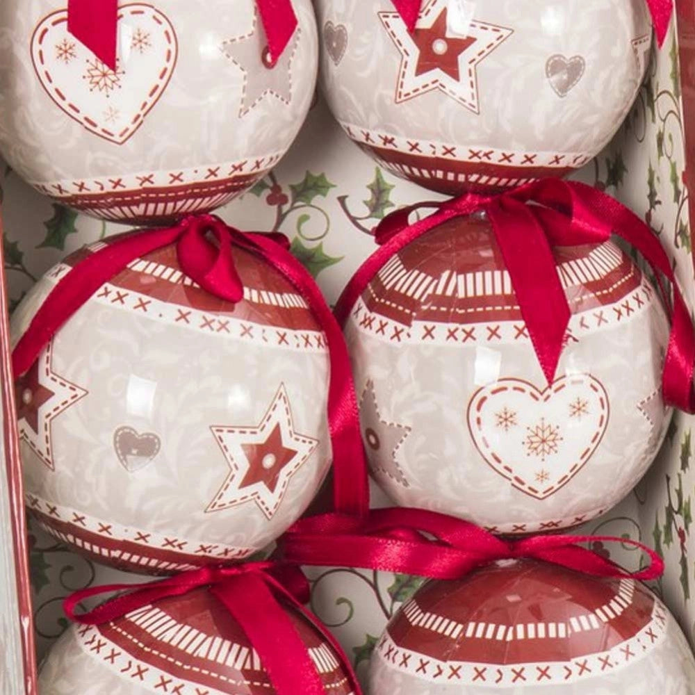Trade Shop - Set 6 Palline Natalizie Stampa Cuore Stelle 7,5cm Con Nastro Decorazioni Natale -